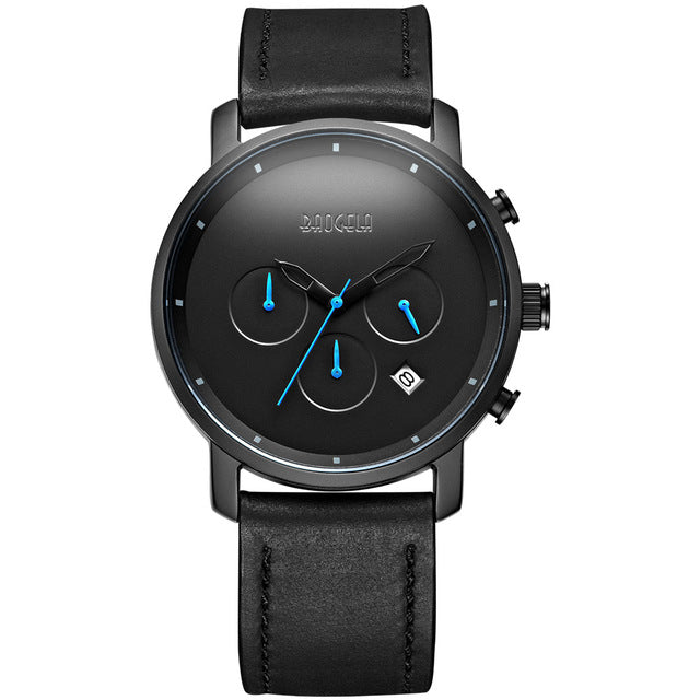 Mens Black Leather Chronograph Watch